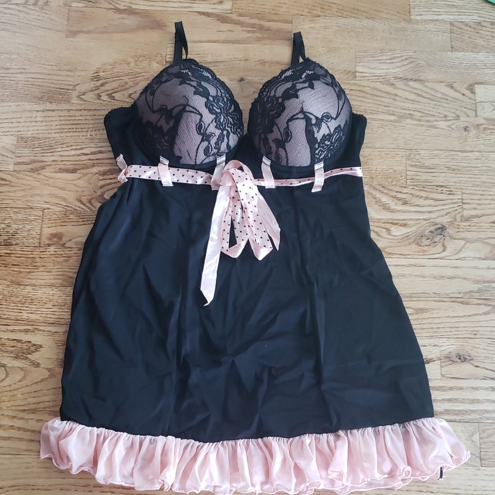 (L) La Vie En Rose Chemise Pastel Floral Lace Babydoll Ruffle Intimates Heart